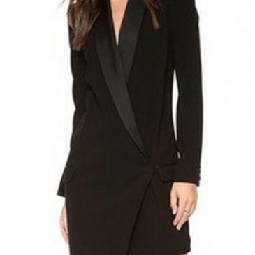 Long Sleeve V Neck Asymmetric Black Blazer Dress..