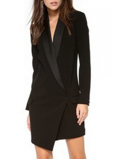 Long Sleeve V Neck Asymmetric Black Blazer Dress Rswe